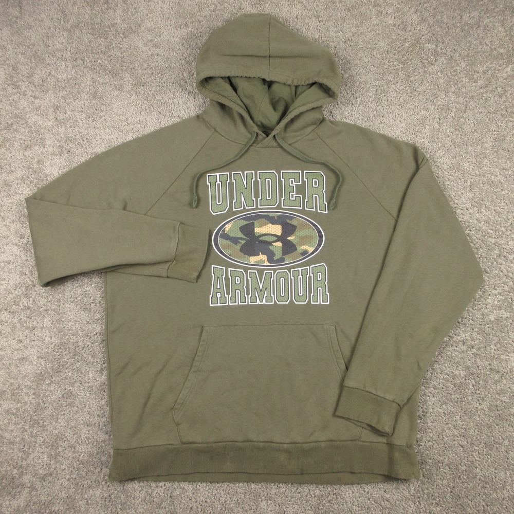 Under Armour Sweater Mens 2XL Green Raglan Camo Logo Pullover Hoodie Sweatshirt